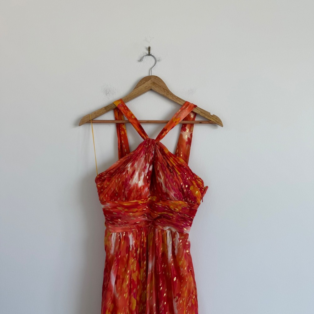 Aidan Mattox Silk and Metallic Print Wedding Guest Maxi Dress Size 2